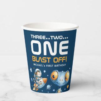 Outer Space Blast Off Cute Alien  1st Birthday  Paper Cups