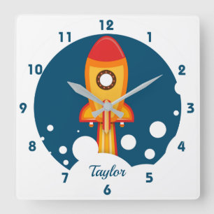 Outer Space Blast Off Rocket Ship Square Wall Clock