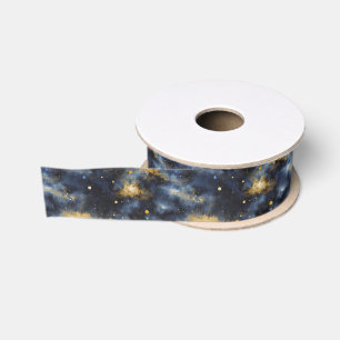 Outer Space Blue & Gold Galaxy & Stars Grosgrain Ribbon