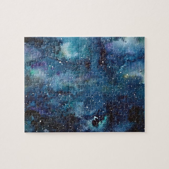 Outer Space Blue Nebula Galaxy Watercolor Jigsaw Puzzle (Horizontal)