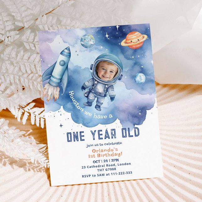 Outer Space Boy Astronaut 1st Birthday Photo Invitation (Creator Uploaded)