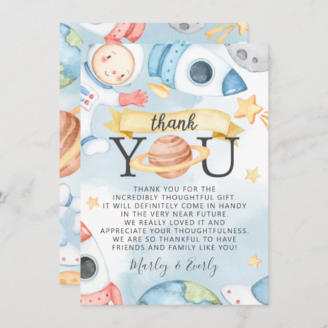 Outer Space Boy Baby Shower Thank You Card Note (Front/Back)