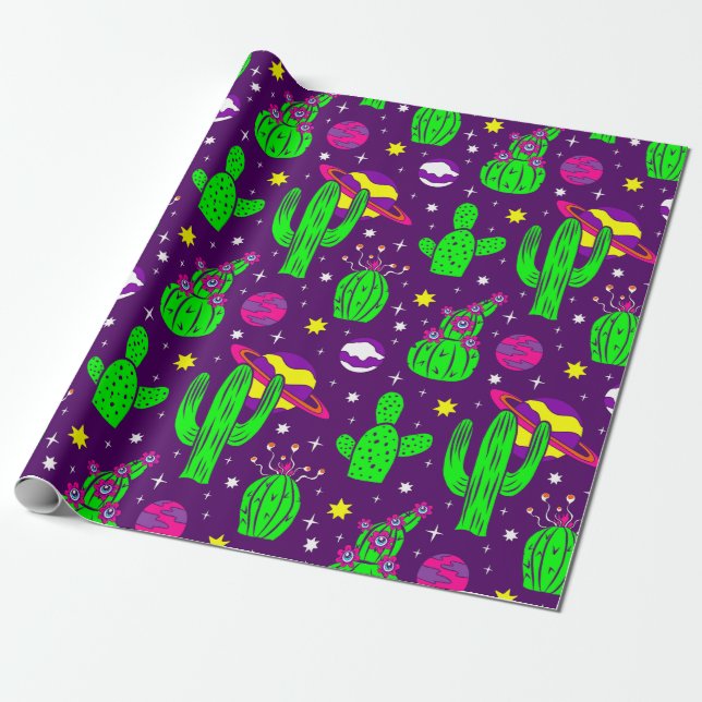outer space cactus desert alien planets purple wrapping paper (Unrolled)