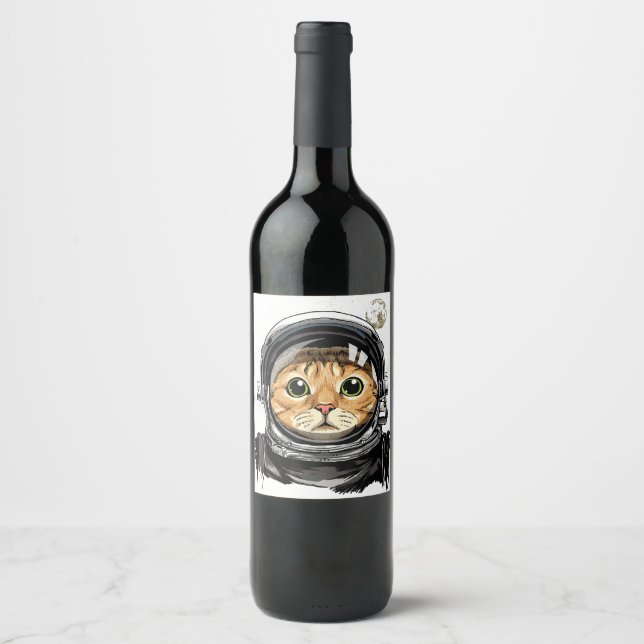 Outer Space Cat Kitty Astronaut Animal Face Galaxy Wine Label (Front)