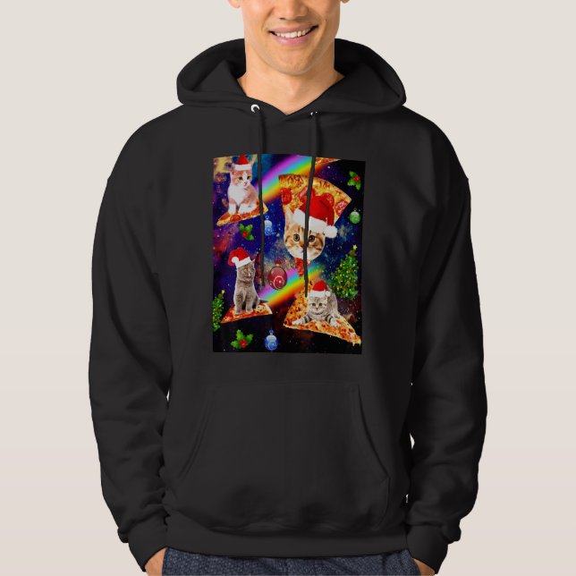 Outer Space Christmas Cats Riding On Pizza Hoodie (Front)