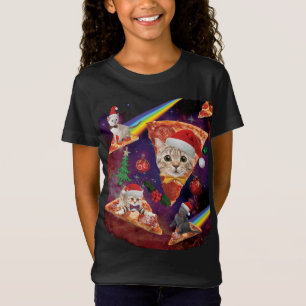 Outer Space Christmas Cats Riding On Pizza T-Shirt