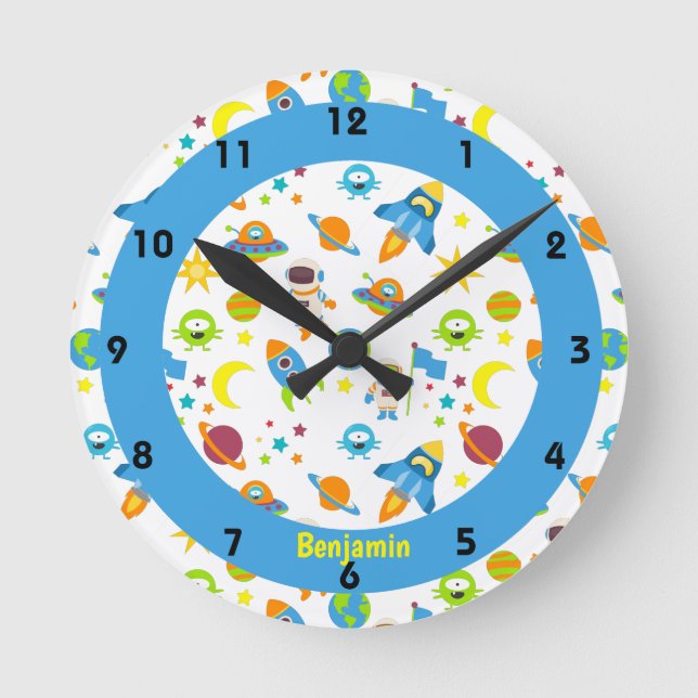 Outer Space Colourful Blue Round Clock (Front)
