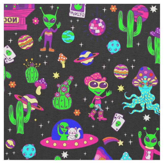 outer space disco alien ufo cosmic saloon fabric (Close Up)