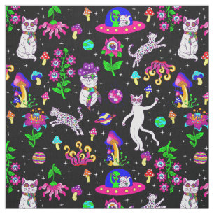 outer space disco cat alien ufo leopard surreal fabric