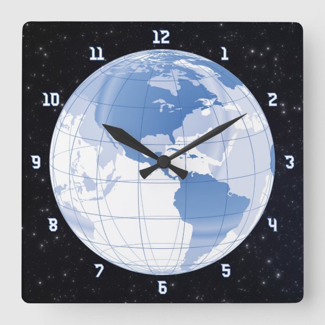 Outer Space Earth Globe w/Stars Square Wall Clock (Front)