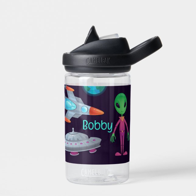 Outer Space Explorer UFO Rockets Add Name Water Bottle (Left)