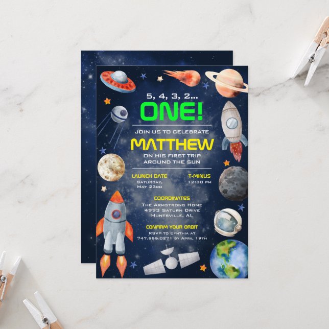 Outer Space First Birthday Invitation (Front/Back In Situ)