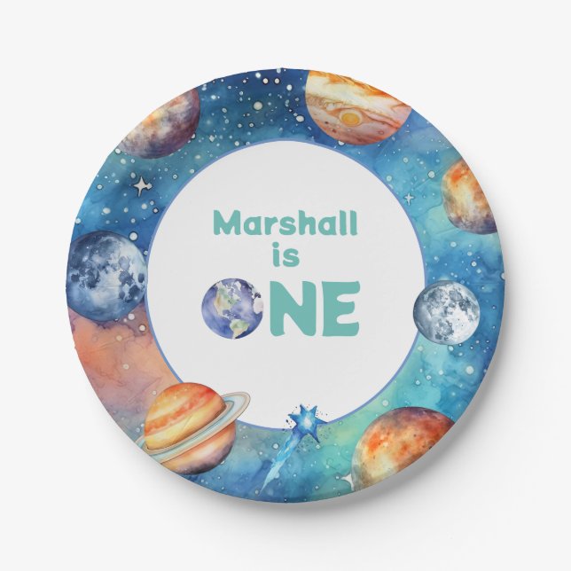 Outer Space First Birthday Party Galaxy Planets Paper Plate (Front)
