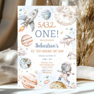 Outer Space First Trip Around The Sun 1st Birthday Invitation