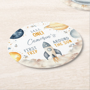 Outer Space First Trip Around The Sun Boy Birthday Round Paper Coaster