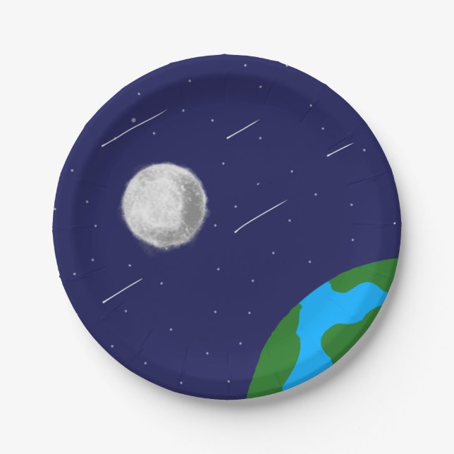 Outer space galaxy Moon and earth paper Plate (Front)