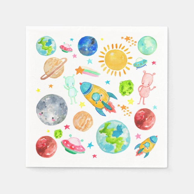 Outer Space Galaxy Planet Rocketship Alien Stars Napkin (Front)