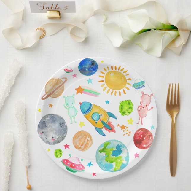 Outer Space Galaxy Planet Rocketship Alien Stars Paper Plate (Wedding)