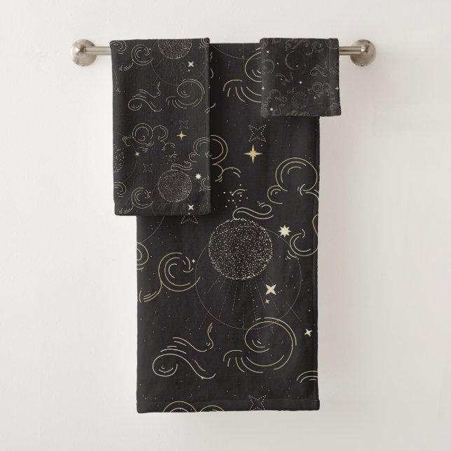 Outer space galaxy planets print bath towel set (Insitu)