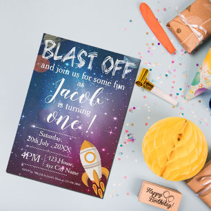 Outer Space Galaxy Rocket Ship 1st Birthday  Party Invitation