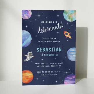 Outer Space Galaxy Stars Birthday Party Watercolor Invitation