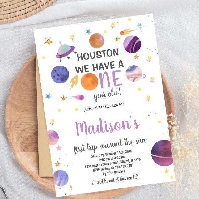 Outer Space Galaxy Theme for Girls Invitation (Purple Astronaut birthday invitations)