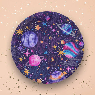 Outer space Galaxy with Planets Comets and Stars Paper Plate