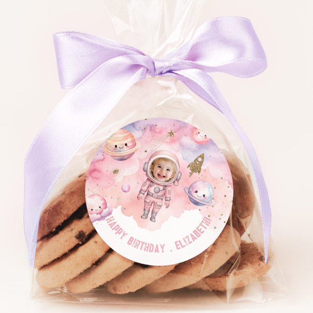 Outer space girl Astronaut Pink photo birthday Classic Round Sticker (Creator Uploaded)