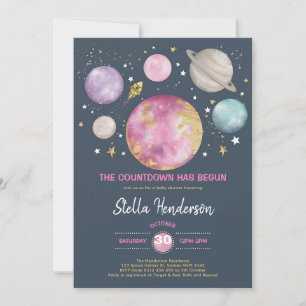 Outer Space Girl Baby Shower Pink Gold Galaxy Invitation
