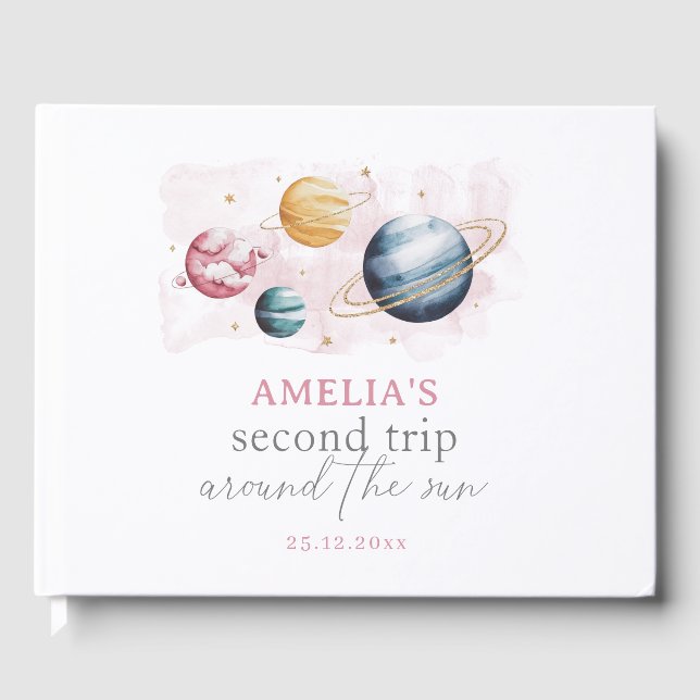 Outer Space Girl Birthday Galaxy Stars Planets Guest Book (Front)