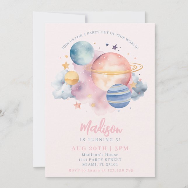 Outer Space Girl Birthday Planets Stars Pink Invitation (Front)