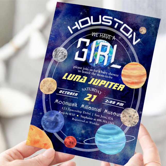 Outer Space Houston Solar System Baby Girl Shower Invitation (Houston, We Have a Girl! Cute Solar System Space Themed Invitation.)