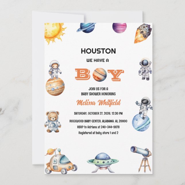 Outer Space Houston We Have a Boy Baby Shower  Invitation (Front)
