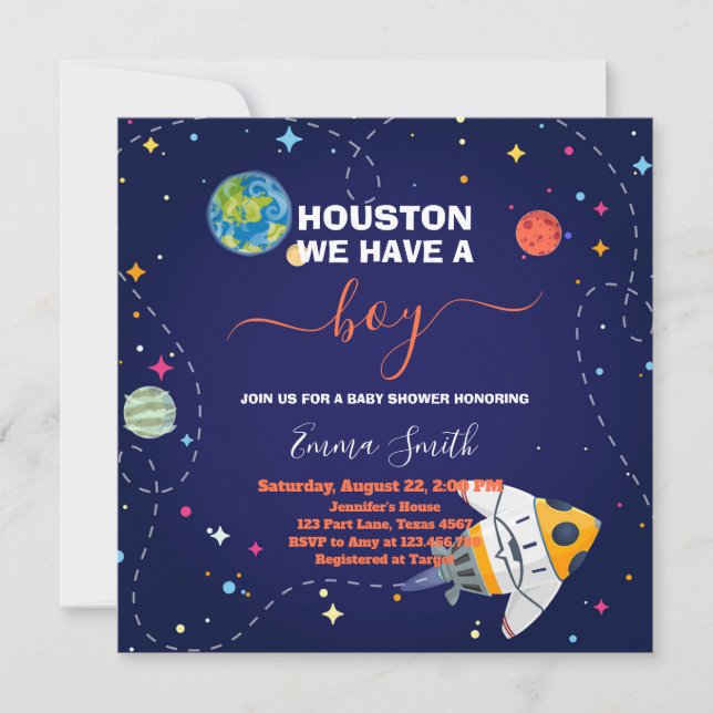 Outer Space Houston We Have A Boy Baby Shower Invitation (Front)