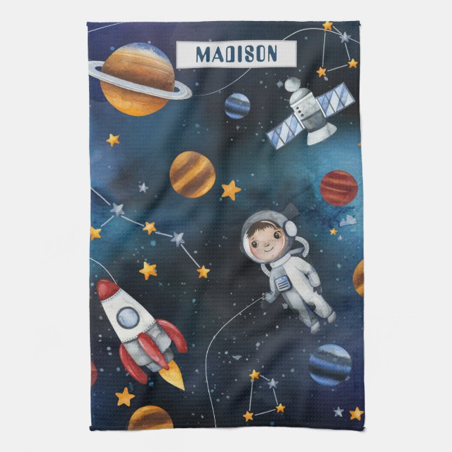 Outer Space Illustration and Space Man Tea Towel (Vertical)