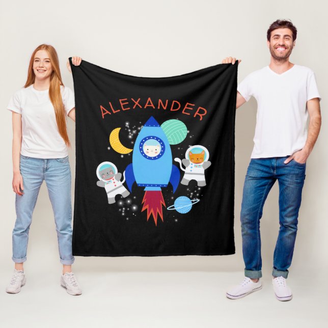Outer Space Kittens Cat Astronaut Kids Rocket Ship Fleece Blanket (In Situ)