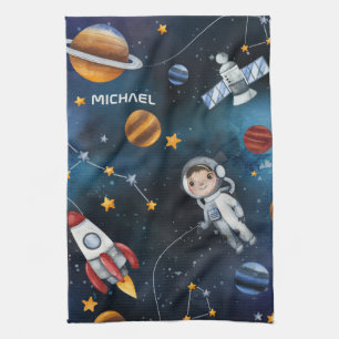 Outer Space Moon Stars Astronaut Personalised Tea Towel