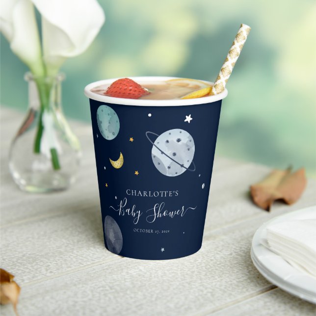 Outer Space Navy Blue Modern Baby Shower Paper Cups (Insitu)