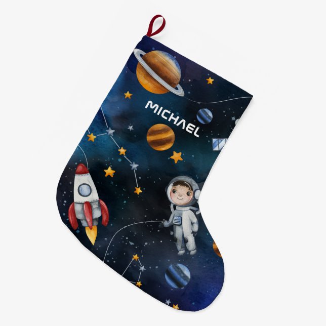 Outer Space Pattern Astronaut Illustration Custom Large Christmas Stocking (Front (Hanging))