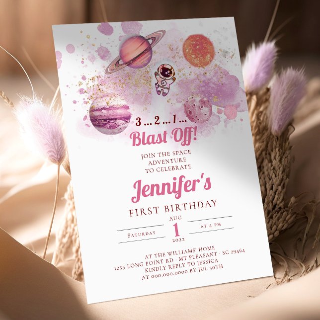 Outer Space Pink Planets Girl First Birthday Invitation (Creator Uploaded)