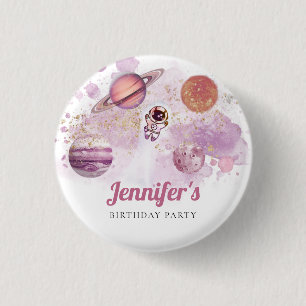 Outer Space Pink Rocket Planets Galaxy Button