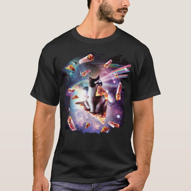 Outer Space Pizza Cat  Rainbow Laser Taco Burrito T-Shirt (Front)