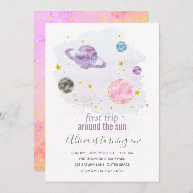 Outer Space Planet Girl First Birthday Invitation (Front/Back)