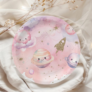 Outer space Planets and stars pink girl birthday Paper Plate