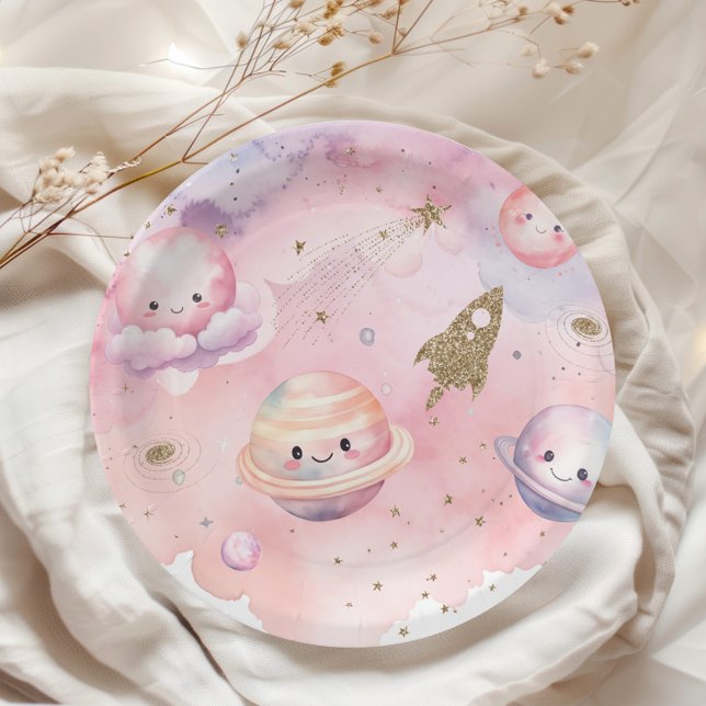 Outer space Planets and stars pink girl birthday Paper Plate (Creator Uploaded)