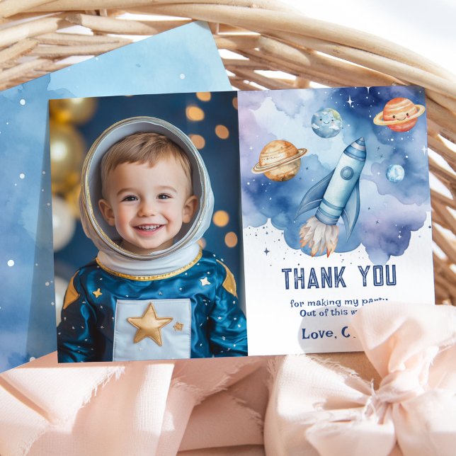 Outer space planets Boy Birthday photo thank you Invitation (Creator Uploaded)