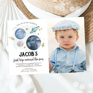 Outer Space Planets Boy First Birthday Invitation