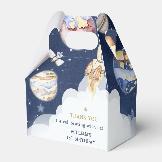 Outer Space Planets Boy Galaxy First Trip Birthday Favour Box (Front Side)