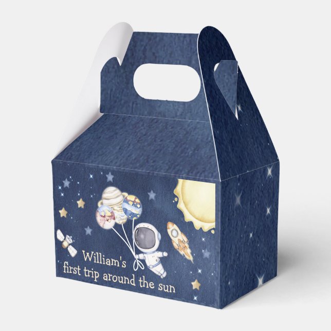 Outer Space Planets Boy Galaxy First Trip Birthday Favour Box (Front Side)