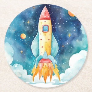 Outer Space Planets First Birthday Round Paper Coaster